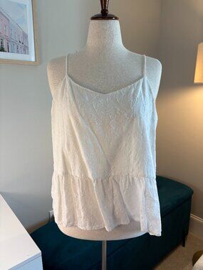 LOFT White Embroidered Cami Top | Size XL | Flowy Boho Tank